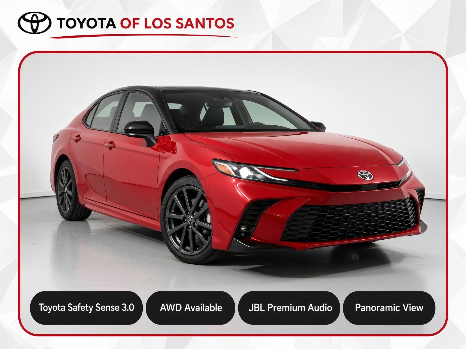 Red sedan photographed in a studio with feature tags for a dealer listing